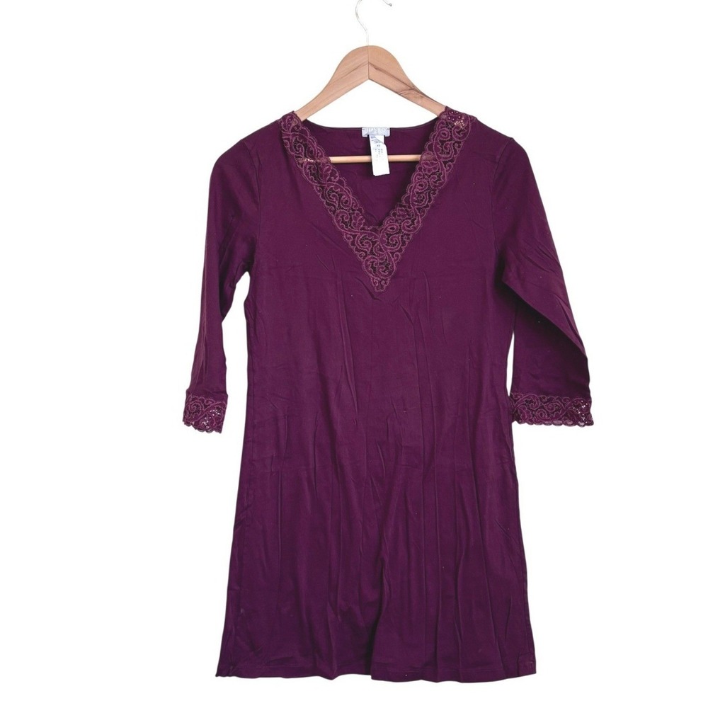 Hanro Womens Moments Lace Trim‎ Nightgown Size XS Burgundy V-Neck 3/4 Sleeve